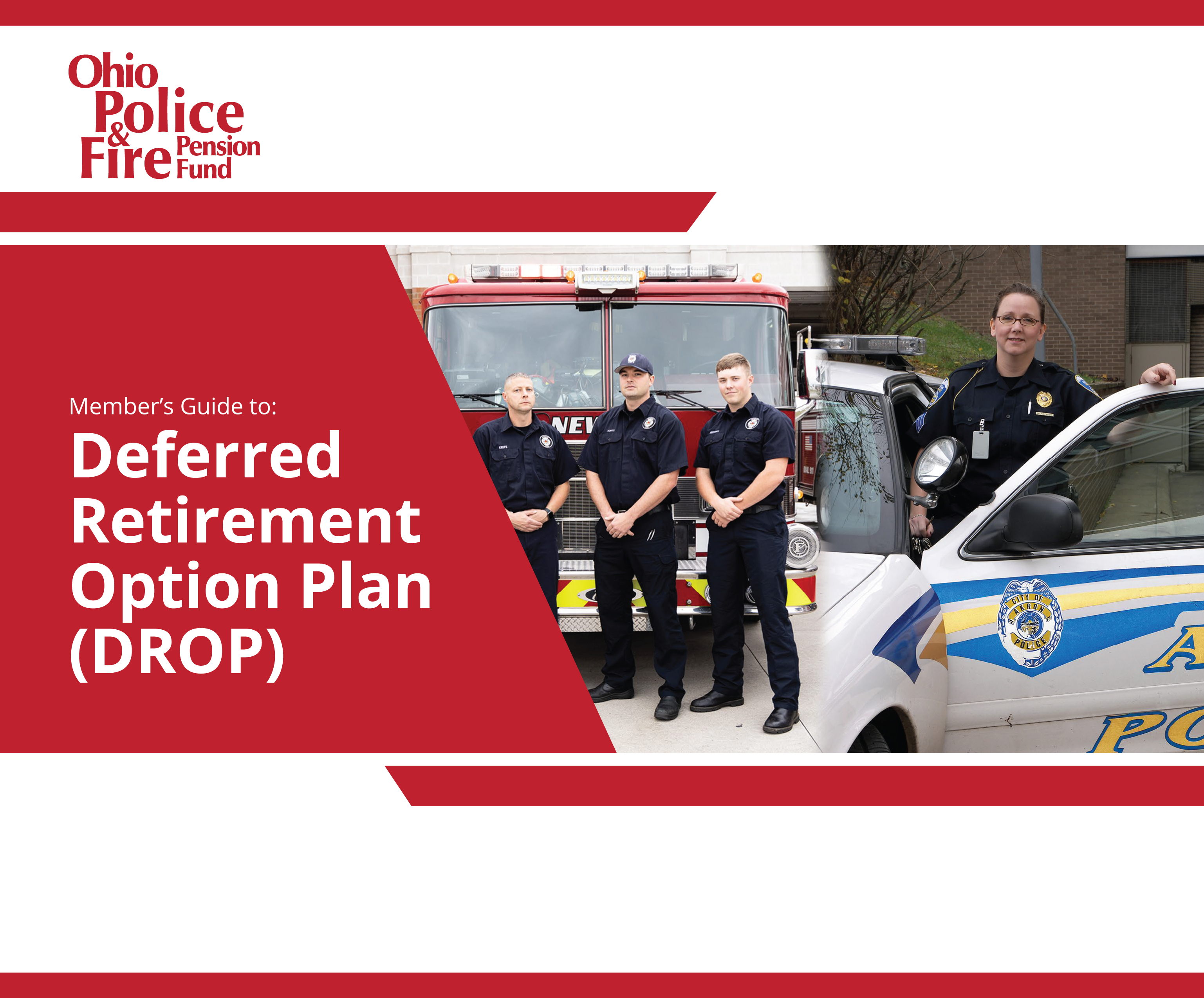 DROP cover in bright red with three fire fighters and a policewoman 