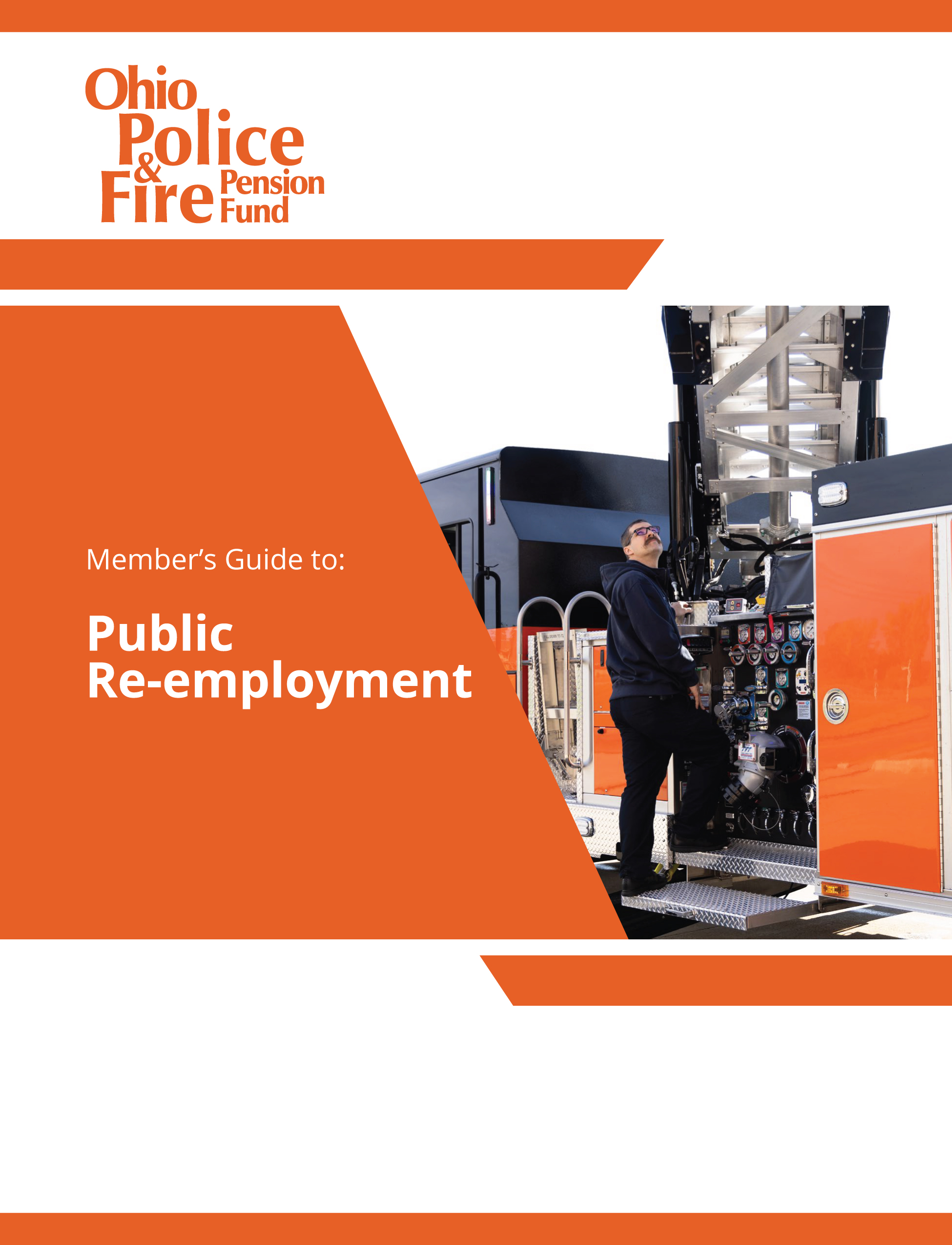 Public Re-employment cover in orange with a fire fighters standing on the side of an orange fire truck