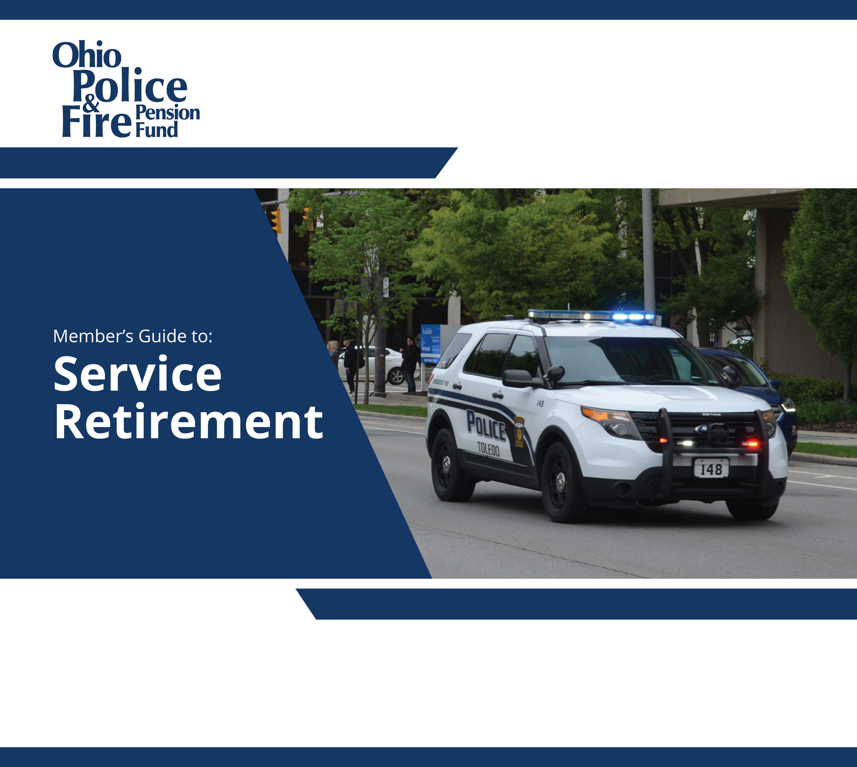 Service Retirement cover in navy blue with a white police SUV 