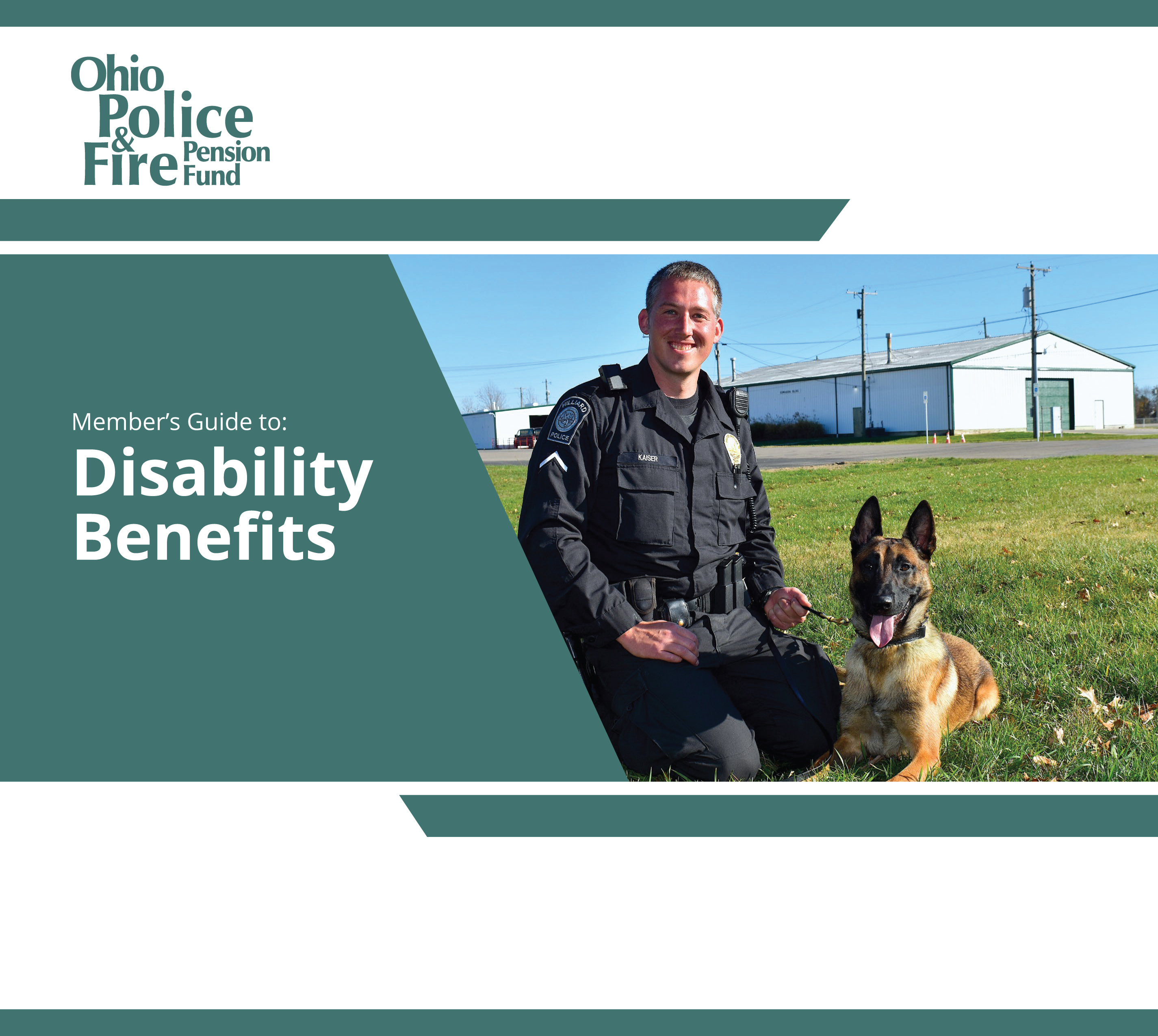 Disability Benefits cover in blue green with a police officer and police K9