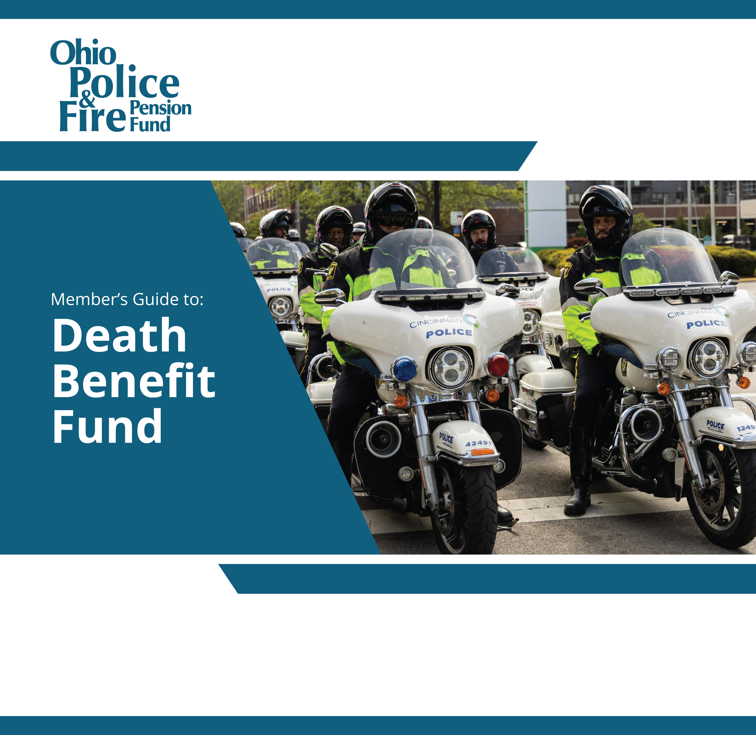 Death Benefit Fund cover in light blue with police officers on motorcycles 