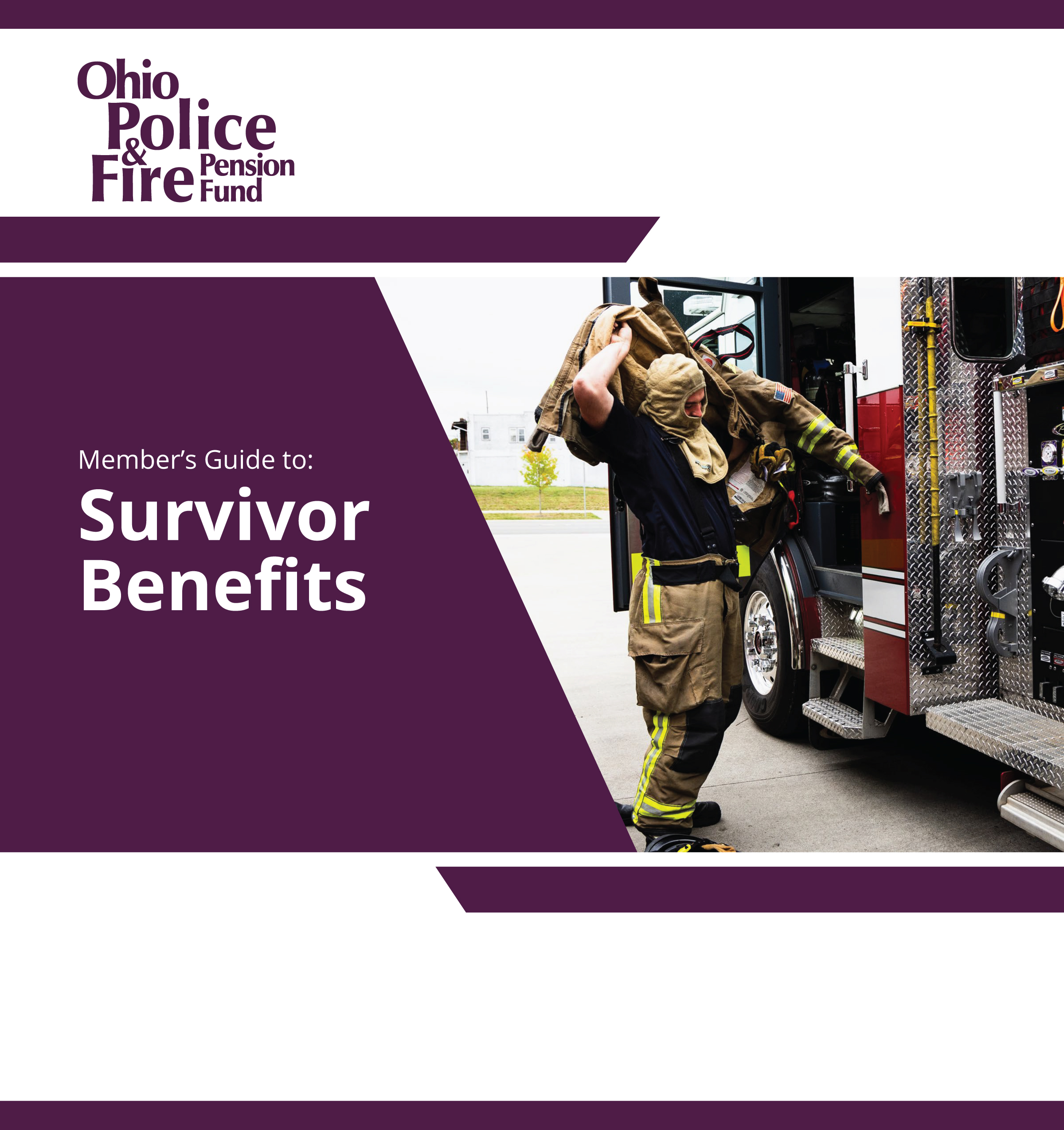 Survivor Benefits cover in purple with a fire fighters standing next to fire truck