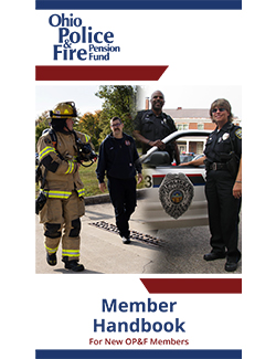 Member Handbook cover in red, white and blue with fire fighters and police officers 